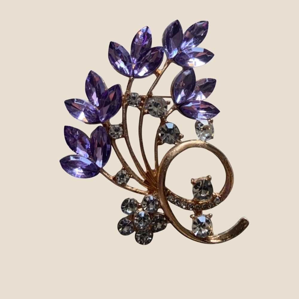 Purple Rhinestone Floral Spray Brooch Gold Tone Crystal Flower Pin